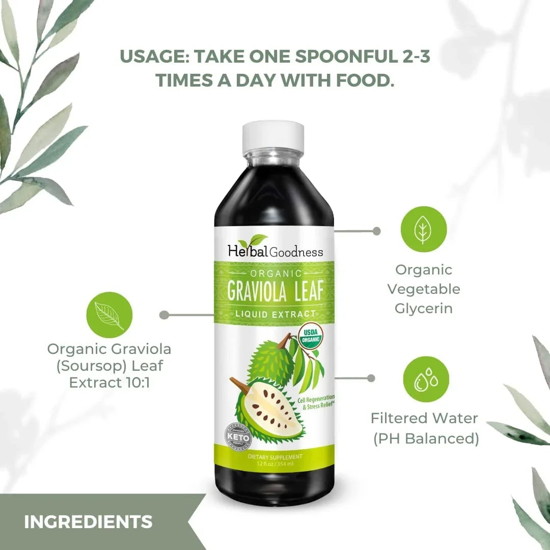 & - USDA Extract - - (Guanabana) Cell Support Soursop Ð & Relief Regeneration Organic, Bottle GMO, Graviola Kosher Liquid Stress Immune 12oz Leaf Ð Leaves Ð Non Boost