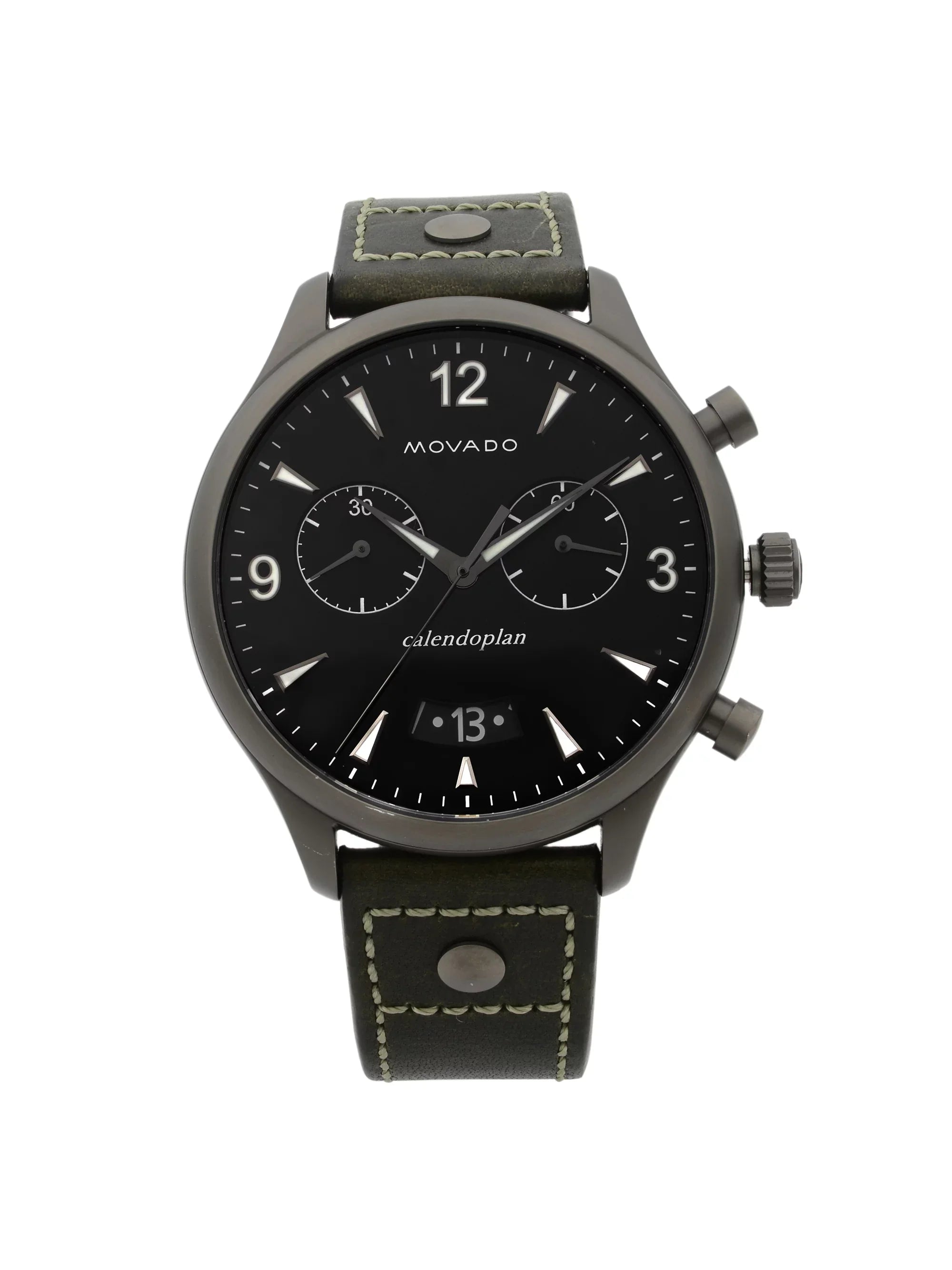 Pre-Owned Watch Heritage Movado Leather Quartz Black 3650029 Gunmetal Steel Dial Green