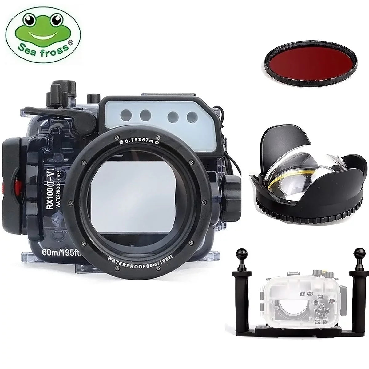 case M4 I Seafrogs Waterproof Tray Sony Kit, M2 M3 Aluminium Dome III RX100 Hands Port M5 & for V RX100 Housing II Underwater IV Camera w/ Two 60M
