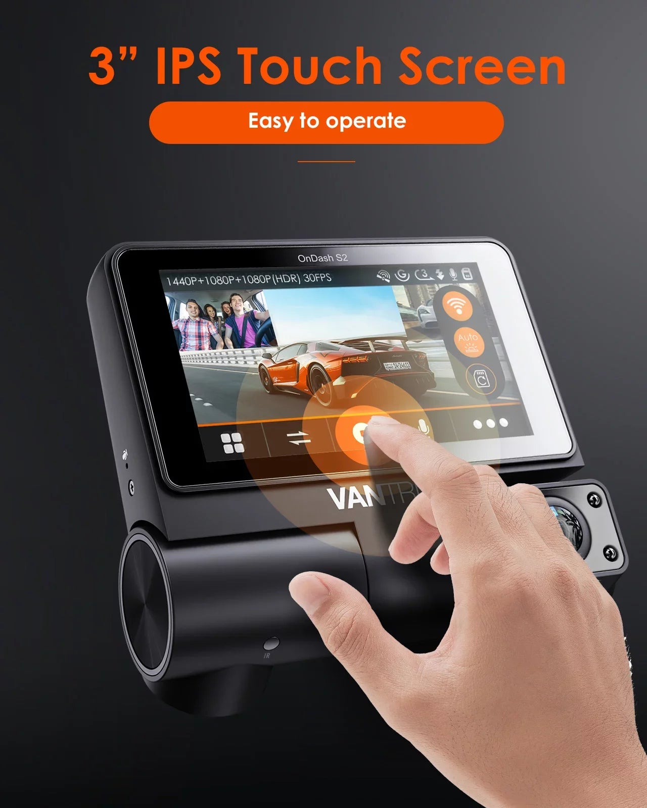 Screen Touchable IPS Monitor, 2K Cam, with Front+1080P 24h Channel 360° Car GPS Vantrue Interior Supercapacitor Dash Wide WiFi 30FPS built Rear 3 Camera in, inch Nearly +1080P S2 3 Angle, Parking