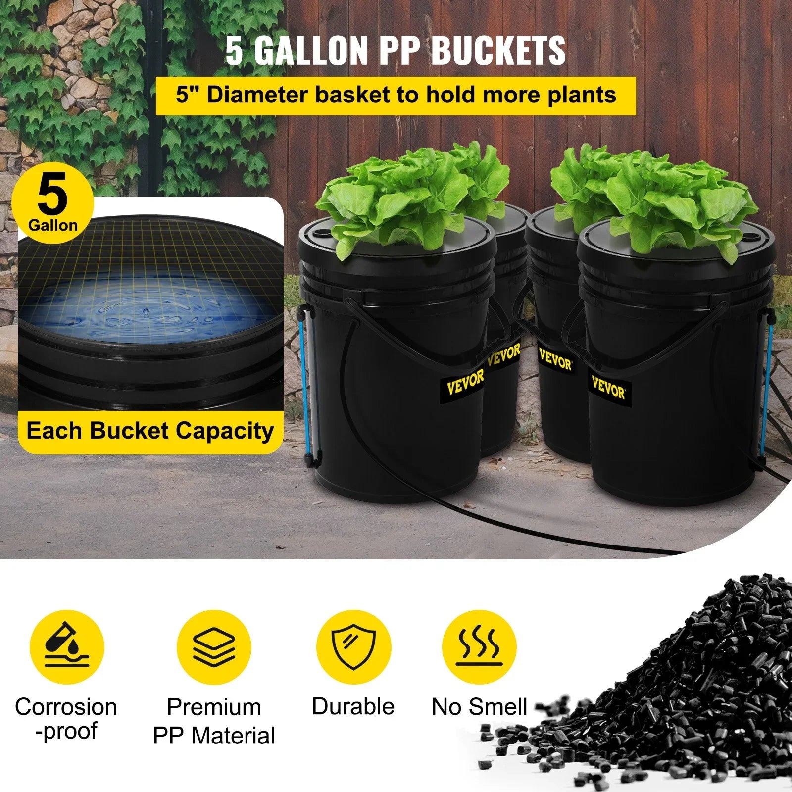 5-Gallon, Grow Pump, System VEVOR Stone & Hydroponic Vegetables Water DWC Indicator Indoor/Outdoor Kit, 4-Bucket Level Air with for Leafy