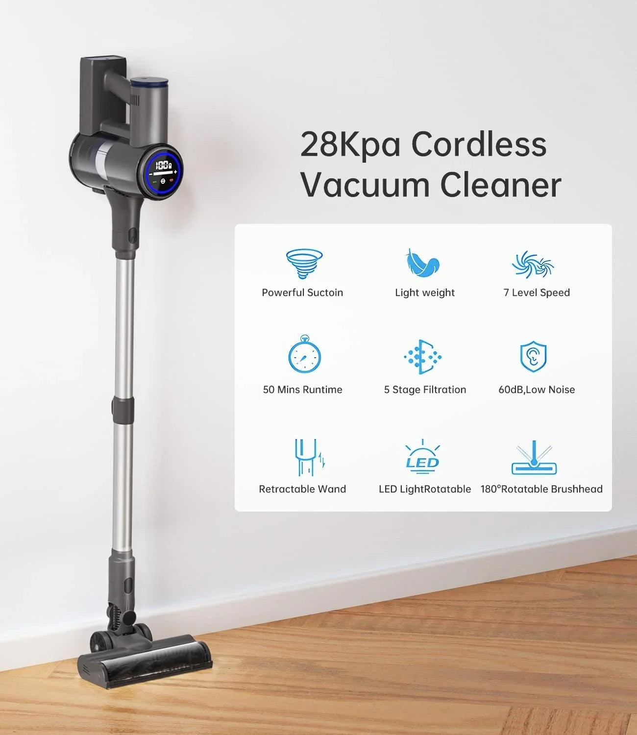 for 7 RunTime Power Stick with 50 Modes, Cordless Floor Hair Hardwood 28KPA, Cleaners and Carpet, Home Mins Vacuum Vacuum Cordless Pet Cleaner Cleaner Vacuum