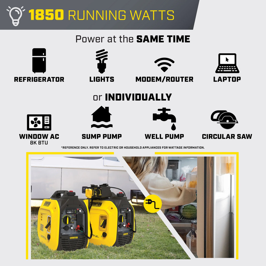 with Equipment Power Inverter 2500-Watt and Portable Generator Champion CO Quiet Technology Dual Fuel Shield
