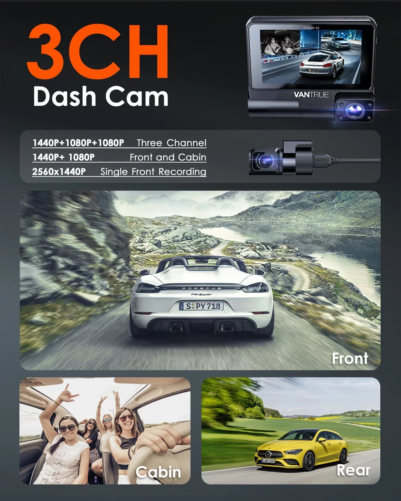 Screen Touchable IPS Monitor, 2K Cam, with Front+1080P 24h Channel 360° Car GPS Vantrue Interior Supercapacitor Dash Wide WiFi 30FPS built Rear 3 Camera in, inch Nearly +1080P S2 3 Angle, Parking