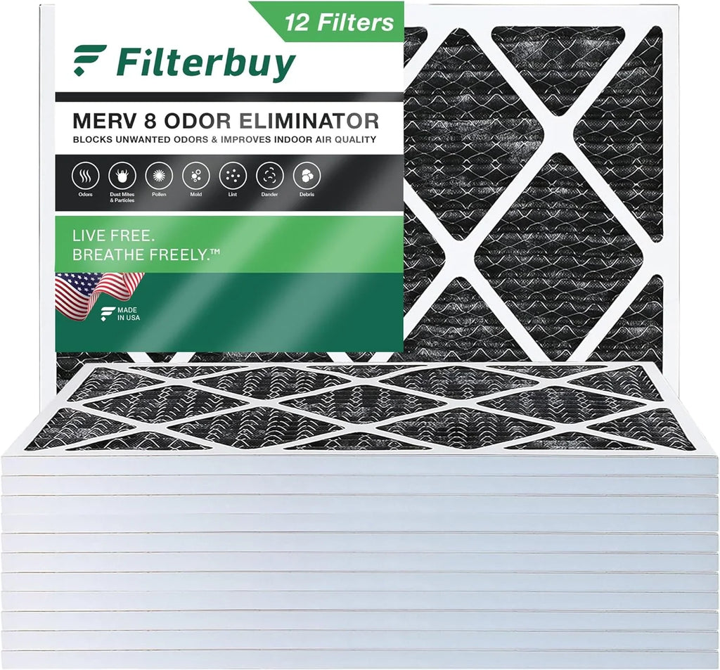 Filterbuy 24x25x1 Odor HVAC Air Furnace Filters MERV 8 Carbon with Pleated (12-Pack) AC Eliminator Activated