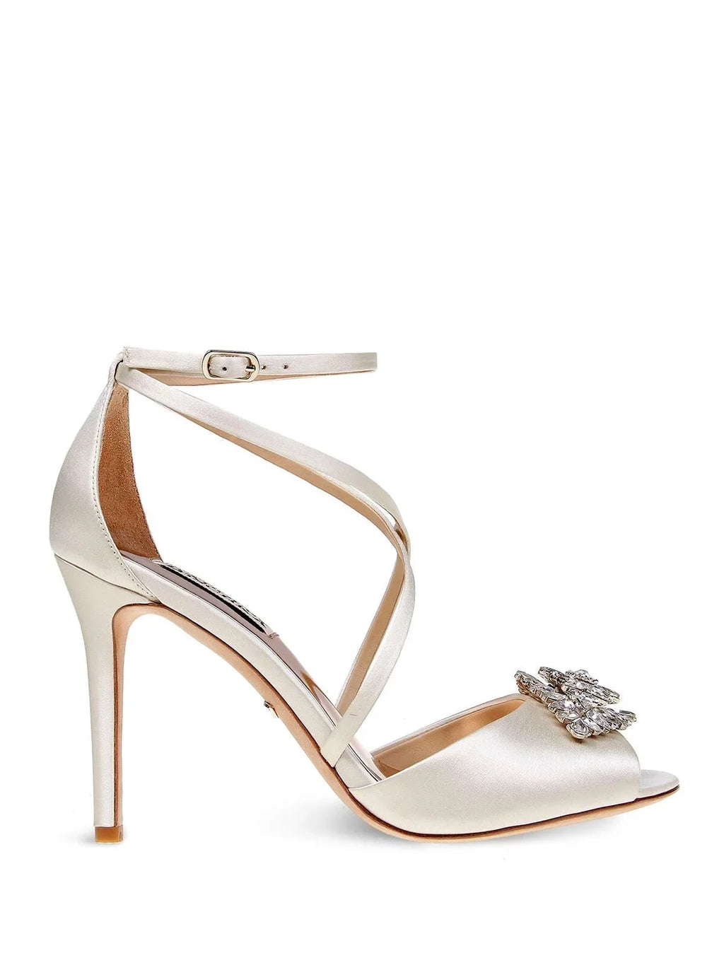Ankle Tatum Dress Sandal 10 Stiletto Womens Footbed Strap Buckle BADGLEY Gladiator Embellished MISCHKA Cushioned Dustbag Heeled Beige Ivory Toe Satin Open