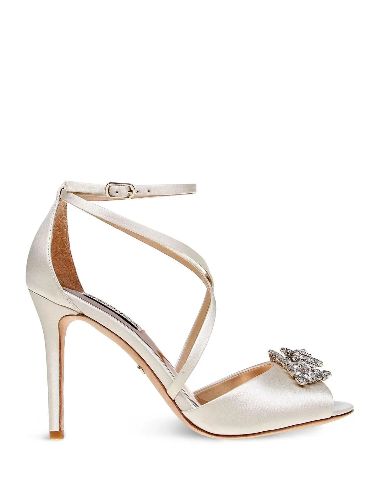 Ankle Tatum Dress Sandal 10 Stiletto Womens Footbed Strap Buckle BADGLEY Gladiator Embellished MISCHKA Cushioned Dustbag Heeled Beige Ivory Toe Satin Open