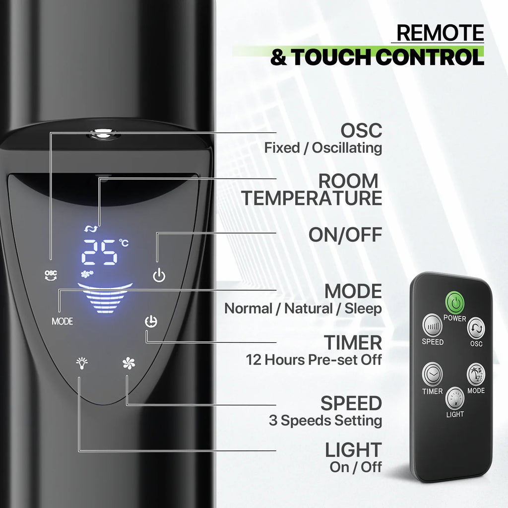 Noise LED Bladeless w/Remote 3-Speeds & 47"Oscillating Tower USA Fan Fan Low