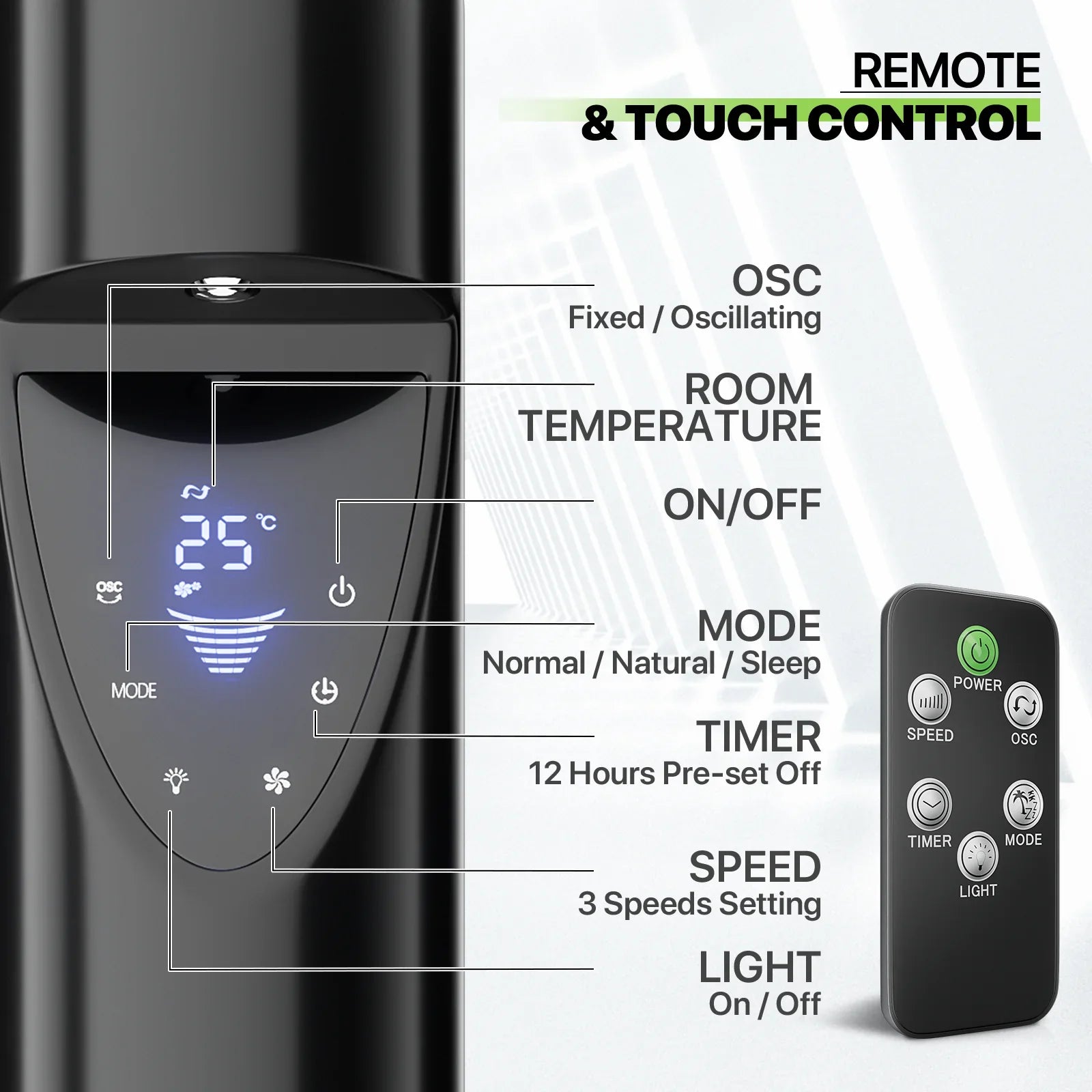 Noise LED Bladeless w/Remote 3-Speeds & 47"Oscillating Tower USA Fan Fan Low