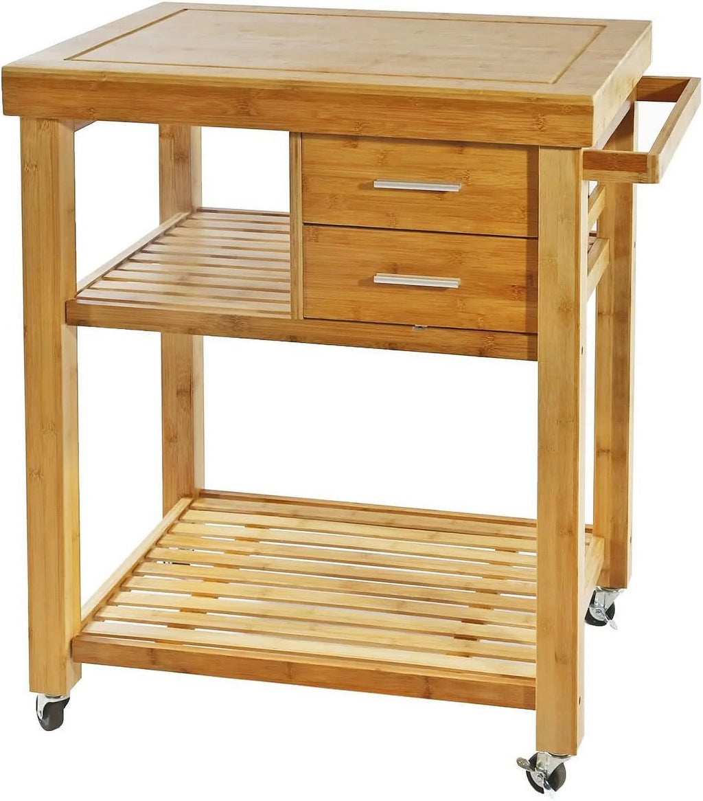 Shelves, Trolley Prepping Kitchen Cart Wood Locking Drawers Butcher On Food Bamboo Rolling Rack, With Cart Wheels, Island Casters, Block Towel