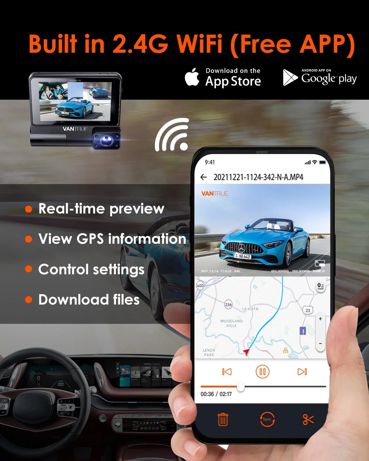 Screen Touchable IPS Monitor, 2K Cam, with Front+1080P 24h Channel 360° Car GPS Vantrue Interior Supercapacitor Dash Wide WiFi 30FPS built Rear 3 Camera in, inch Nearly +1080P S2 3 Angle, Parking