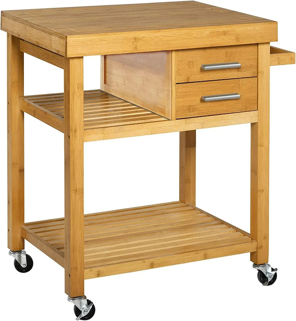 Shelves, Trolley Prepping Kitchen Cart Wood Locking Drawers Butcher On Food Bamboo Rolling Rack, With Cart Wheels, Island Casters, Block Towel