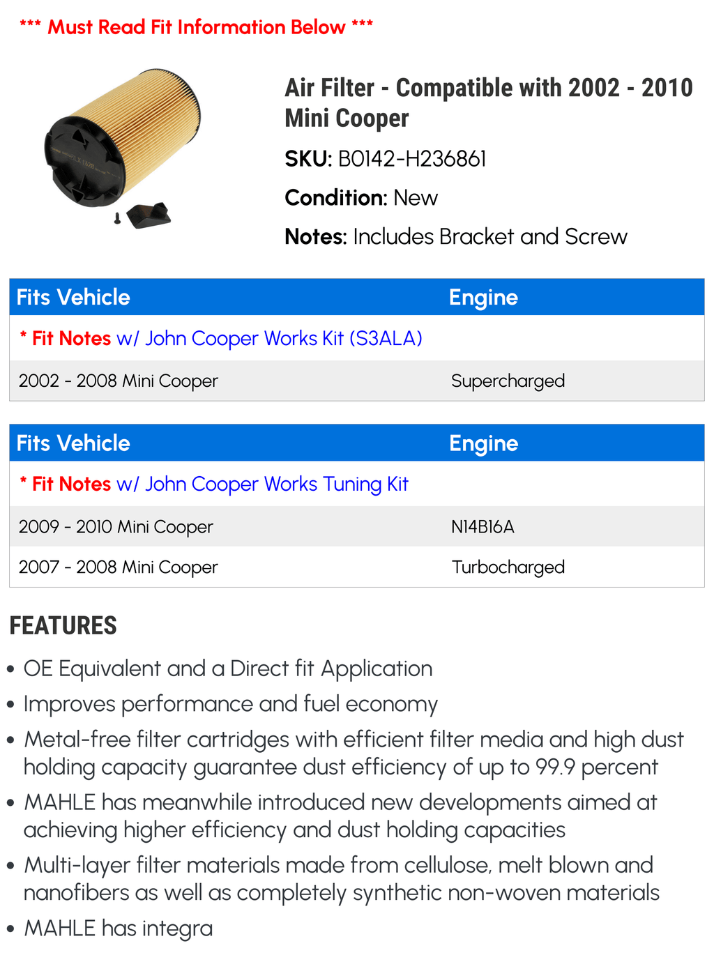 2006 2003 with 2008 - 2007 Compatible - Cooper 2004 Mini Air 2002 2010 Filter 2009 2005