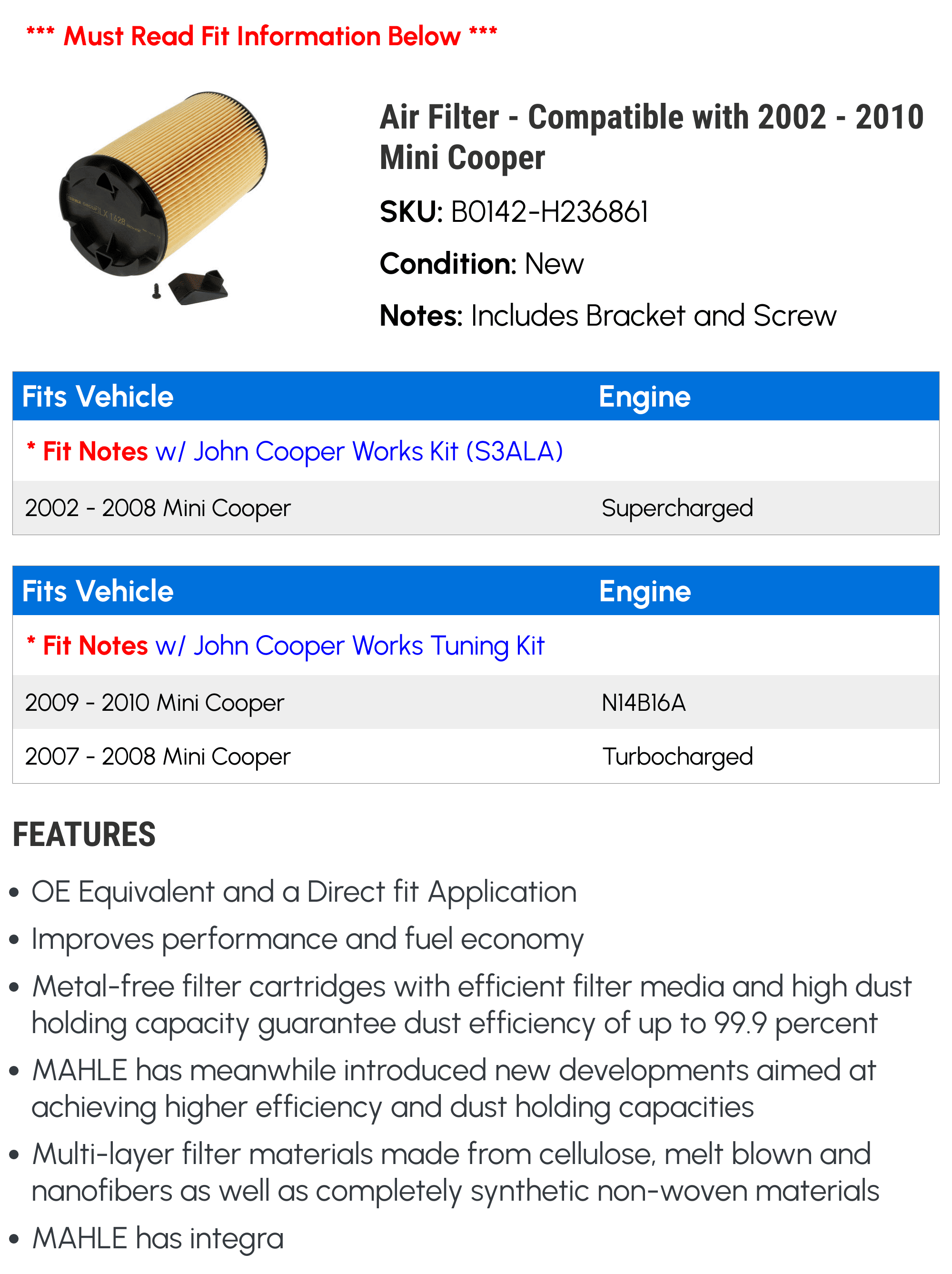 2006 2003 with 2008 - 2007 Compatible - Cooper 2004 Mini Air 2002 2010 Filter 2009 2005