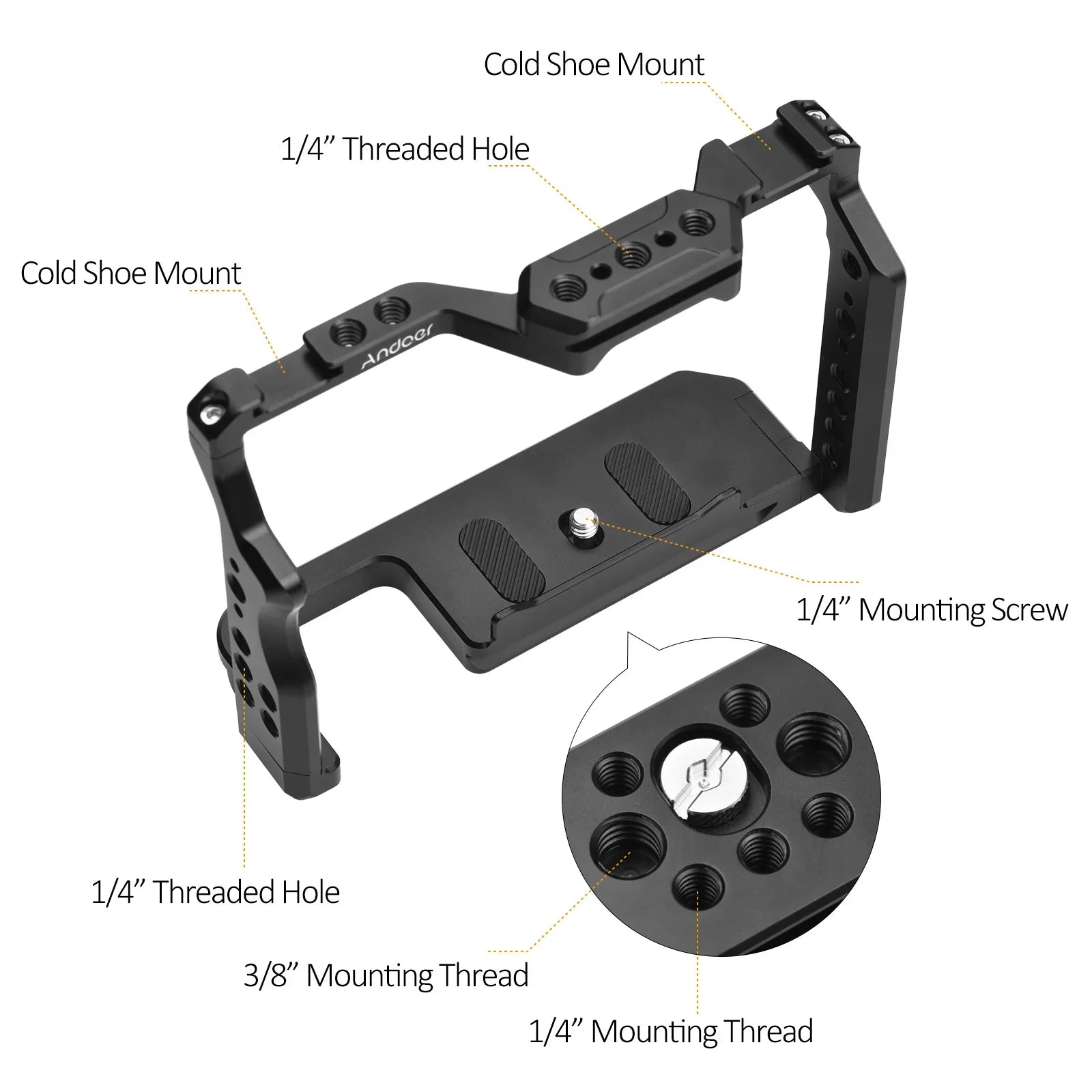 with Mounts A7S Shoe Cold for III/ A7R Video A7R Andoer Alloy II A7IV/ Cage Dual Aluminum Threads Numerous 14 A7II/ II/ A7III/ Replacement Cage Inch Sony