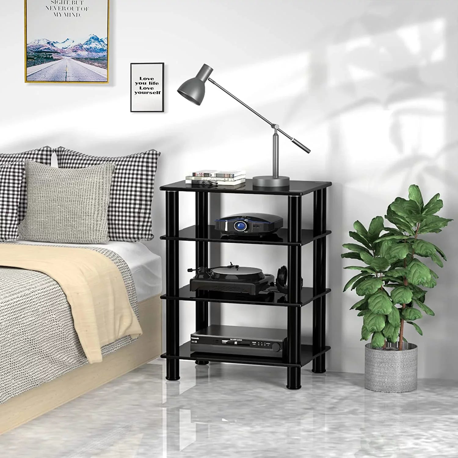 Compontent Tempered Media Shevles TV, Gaming Video Consoles, 4-Tiers Component, Tower Device Stand for TV Glass Media Streaming