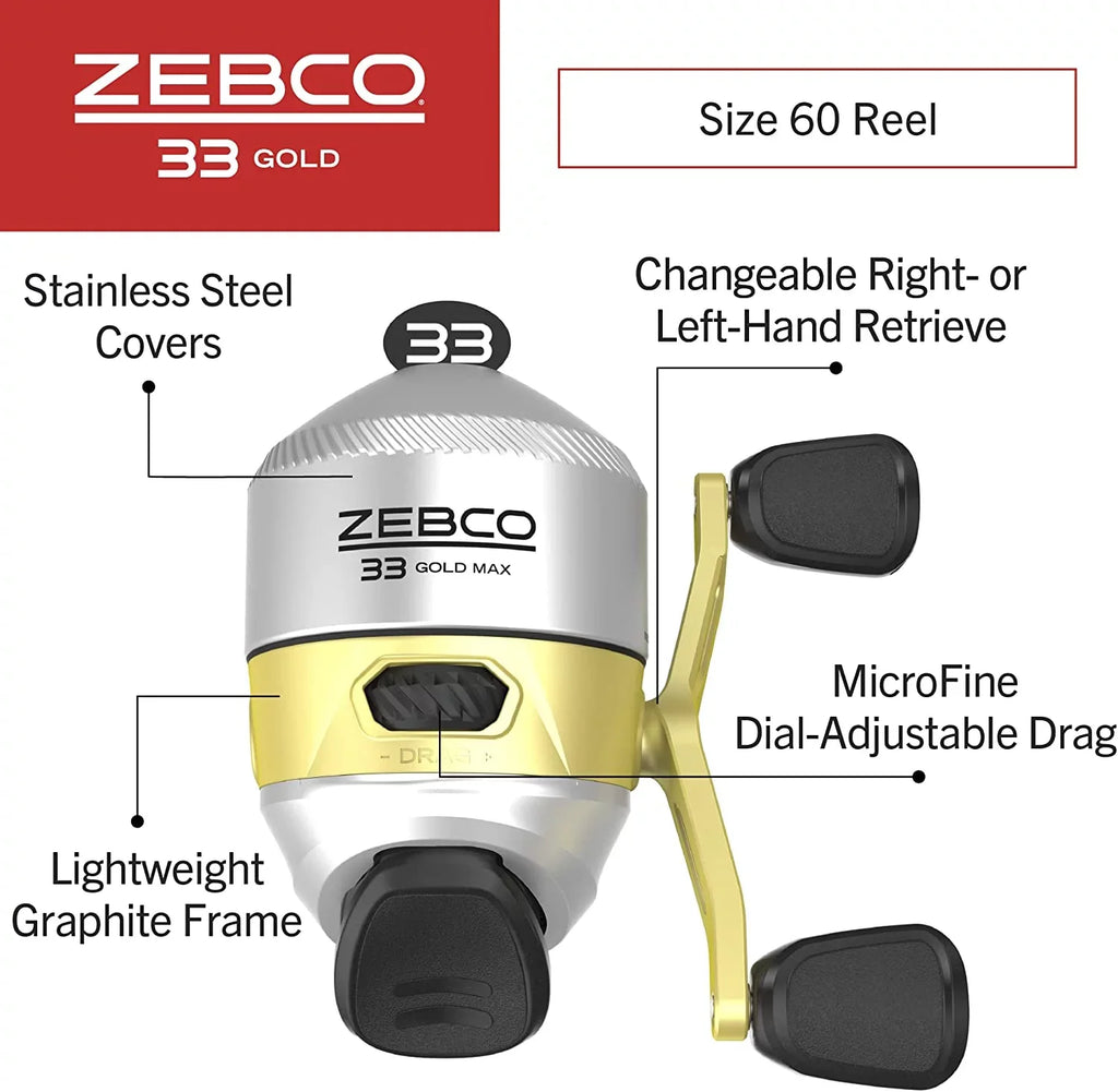 Frame Graphite 2.6:1 and Drag, Powerful Fishing Zebco Reel, Spincast Ratio with Smooth 2+1 and MAX Gear Bearings a Lightweight Silver/Gold Dial-Adjustable a and Gold Anti-Reverse, MicroFine 33 Instant