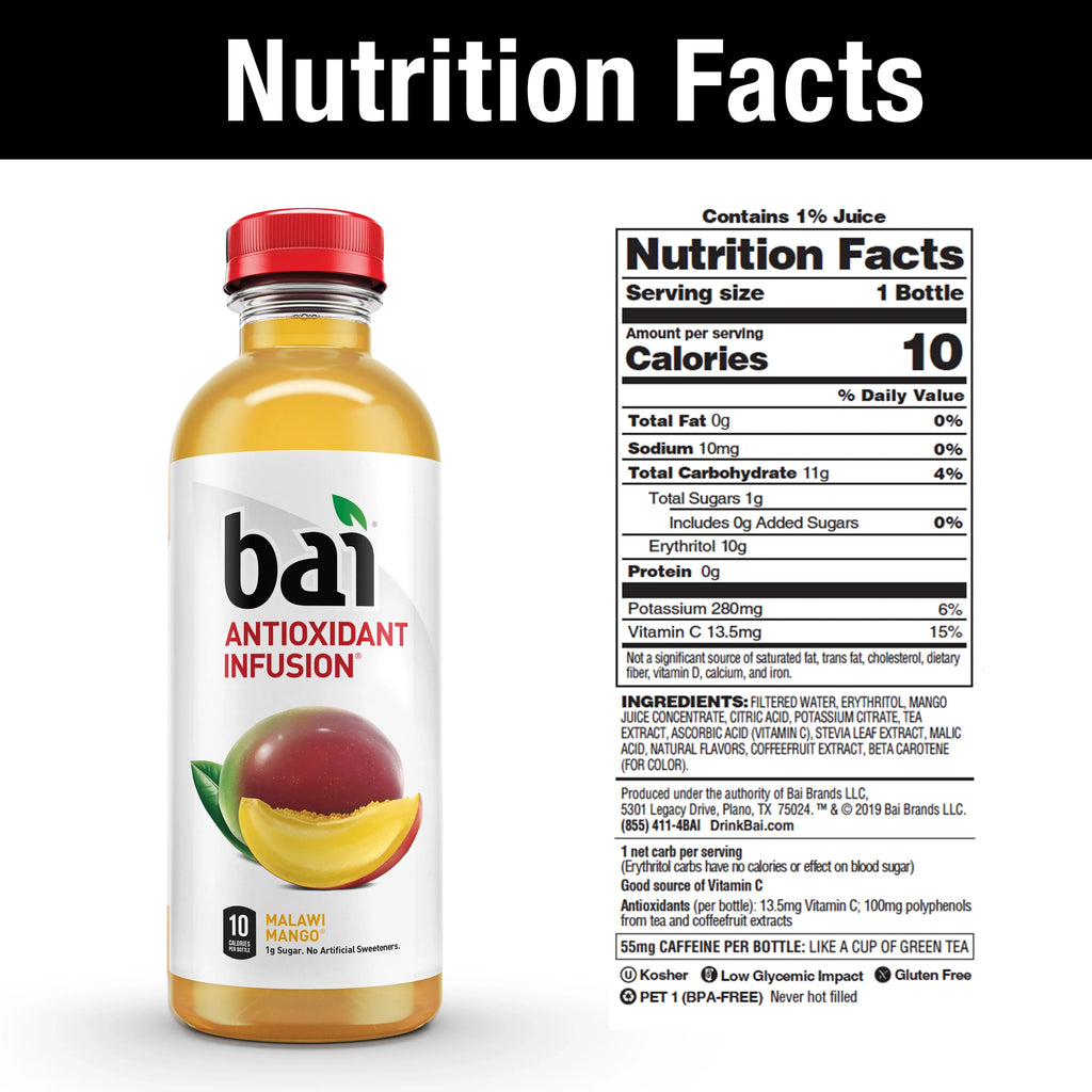 Drink, Mango, Infused Malawi Oz, Bai 12 18 Gluten-Free, Pack Antioxidant Fl Bottles
