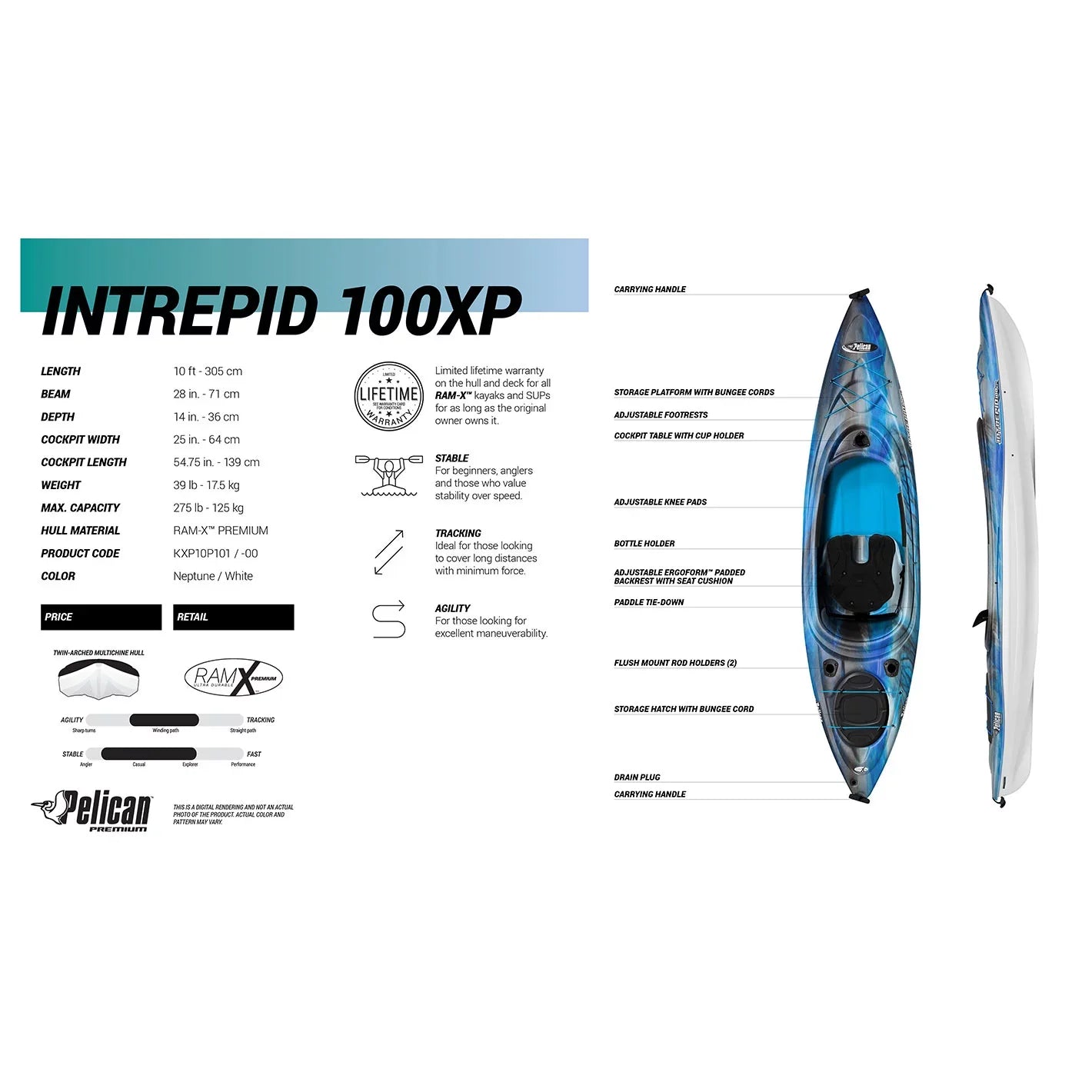 Fishing Sit 100XP Kayak, Neptune Inside Intrepid Pelican