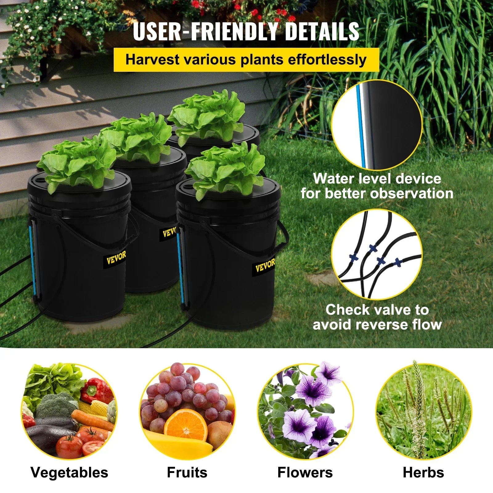 5-Gallon, Grow Pump, System VEVOR Stone & Hydroponic Vegetables Water DWC Indicator Indoor/Outdoor Kit, 4-Bucket Level Air with for Leafy