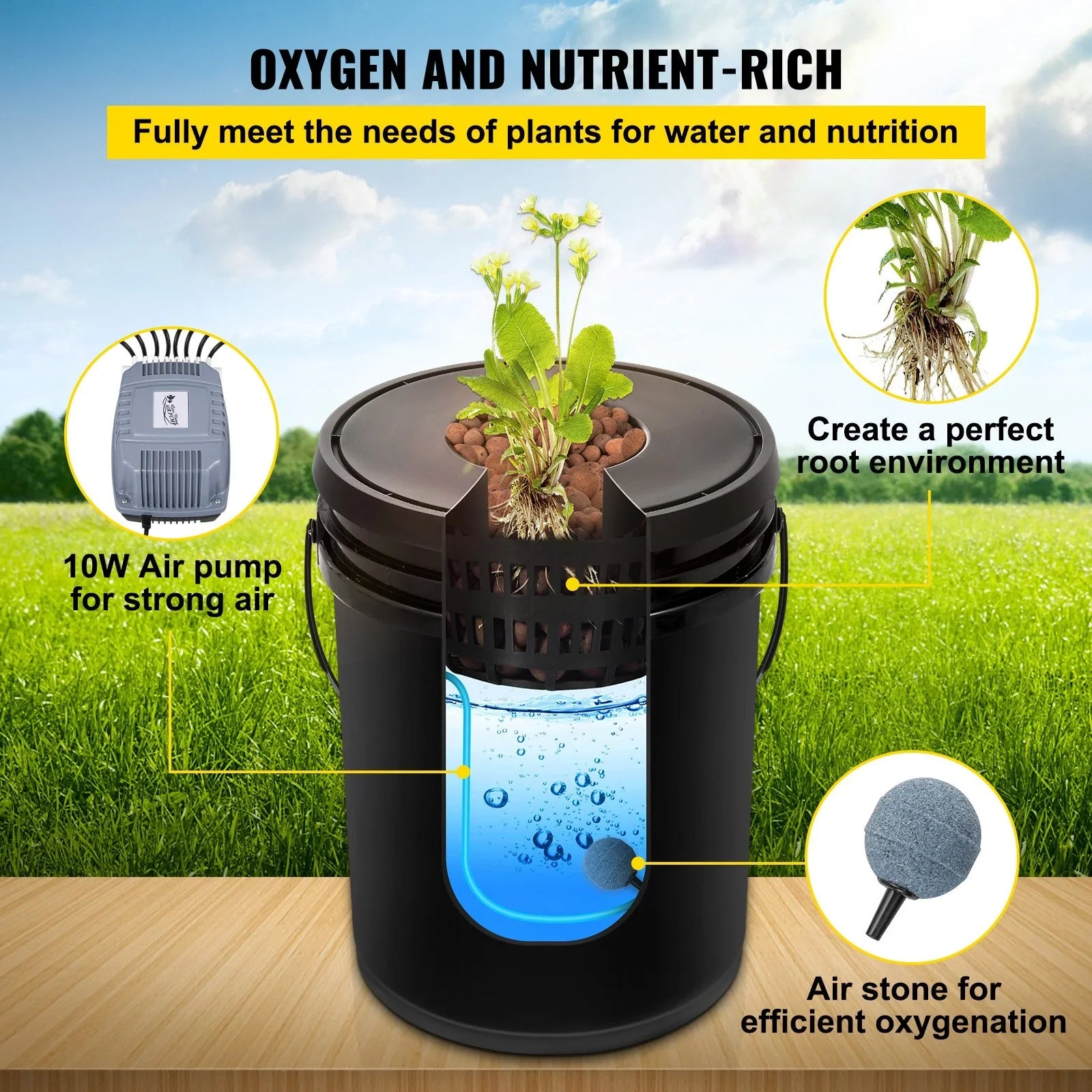 5-Gallon, Grow Pump, System VEVOR Stone & Hydroponic Vegetables Water DWC Indicator Indoor/Outdoor Kit, 4-Bucket Level Air with for Leafy