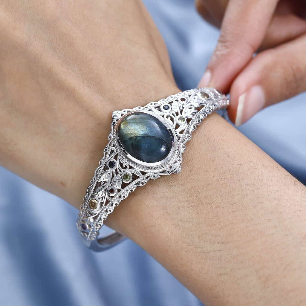 Mothers LC Platinum for 15.05 Mom Jewelry Day 7.25" Plated Ct Shop Labradorite Multi Bangle Bracelet Gifts for Women Size Gemstone Birthday Cuff Oval