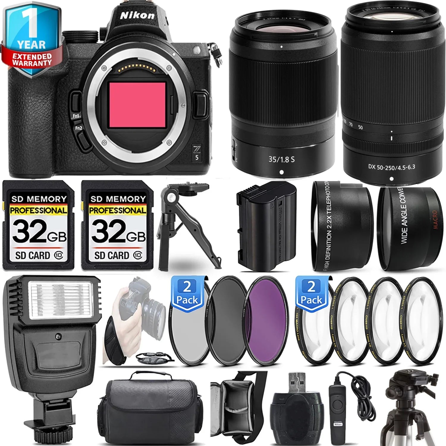 Lens Set + with f/4.5-6.3 50-250mm Set Lens 35mm Nikon VR f/1.8 Z5 4 PC Macro + + Handbag Flash Camera + + 64GB Filter PC S Mirrorless 3 +
