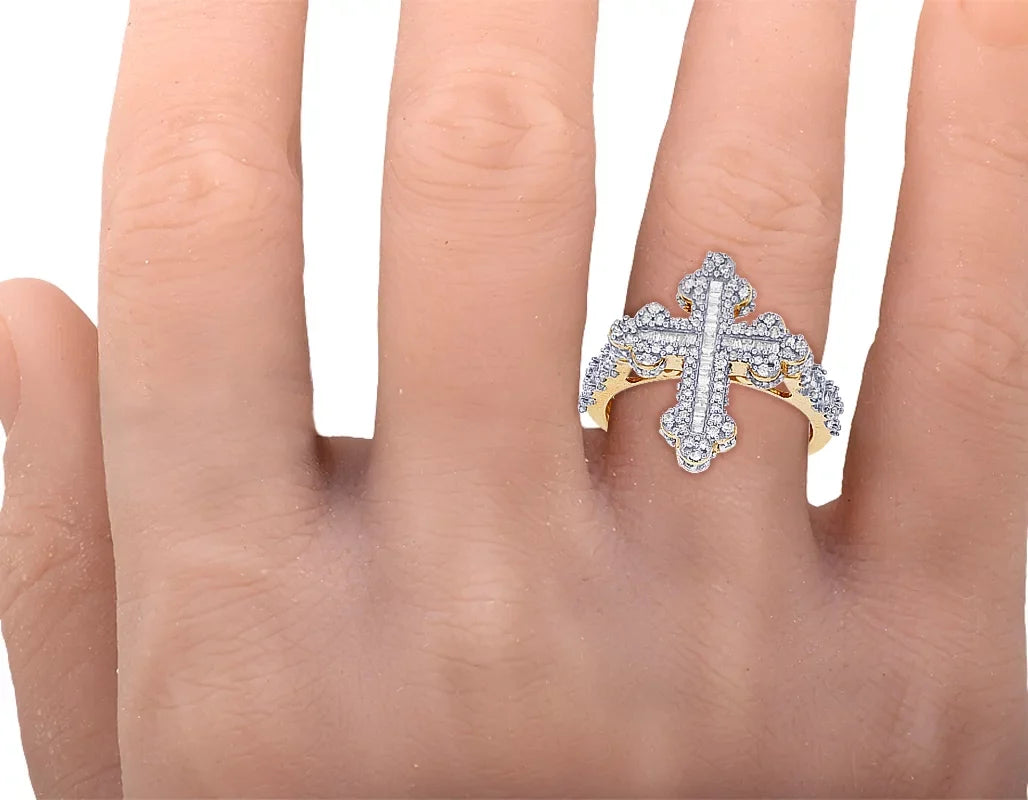 0.875 Ring 10K Baguette Yellow-White Gold Cross CT Diamond