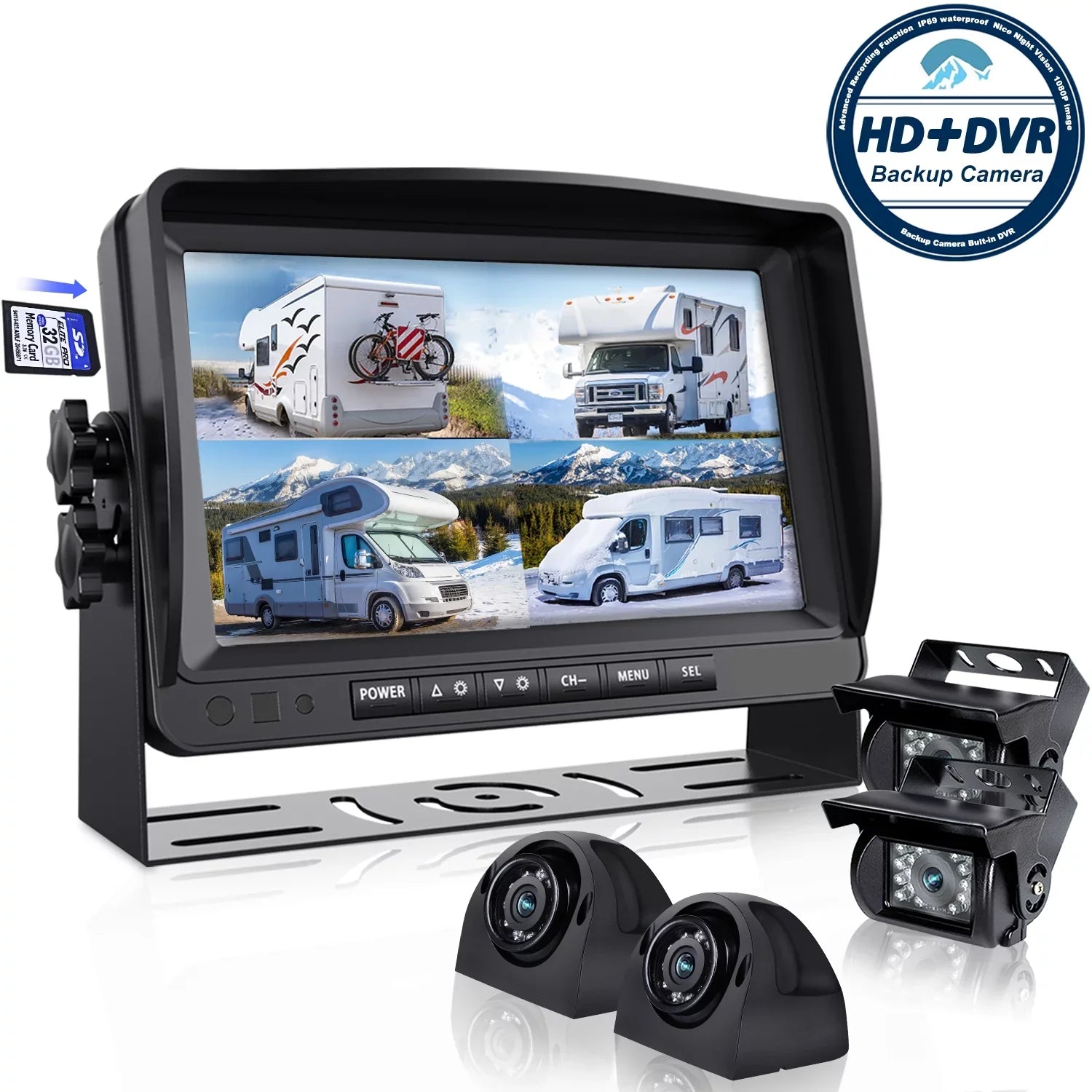 for Trailer Split 4 View Screens RV IP69 Side and Large A9 Backup Camera RV Backup HD eRapta Monitor, with camera Truck Camera Rear Waterproof Advanced DVR Record System 9’’ Car Quad Box Function