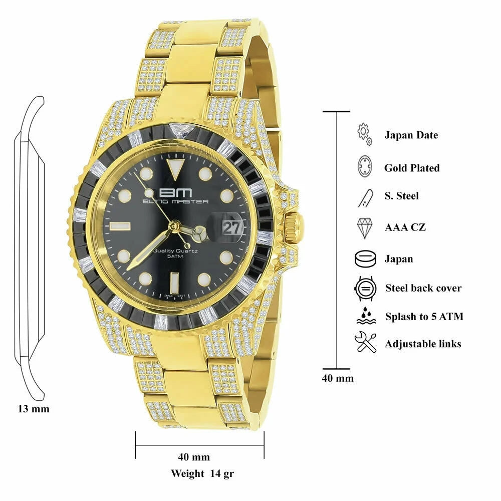 Full Presidential Simulated mm 18K Yellow Gold Steel Diamond Men's 40 Watch W/Date Stainless