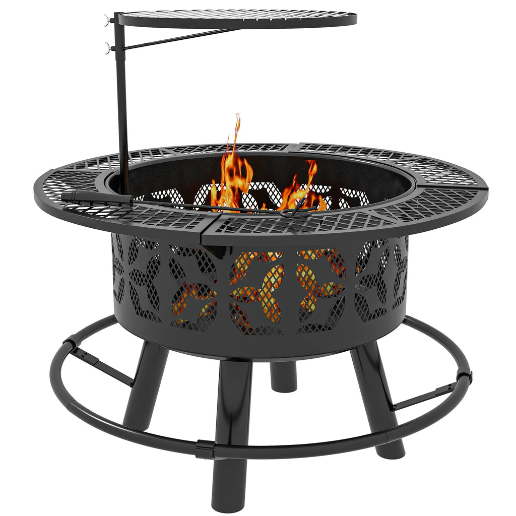 for Burning Cooking Outdoor with Round, Poker, 33" Grill Black Backyard, Grate BBQ Picnic, Fire and Wood Adjustable Capri Firepit Pit Patio,