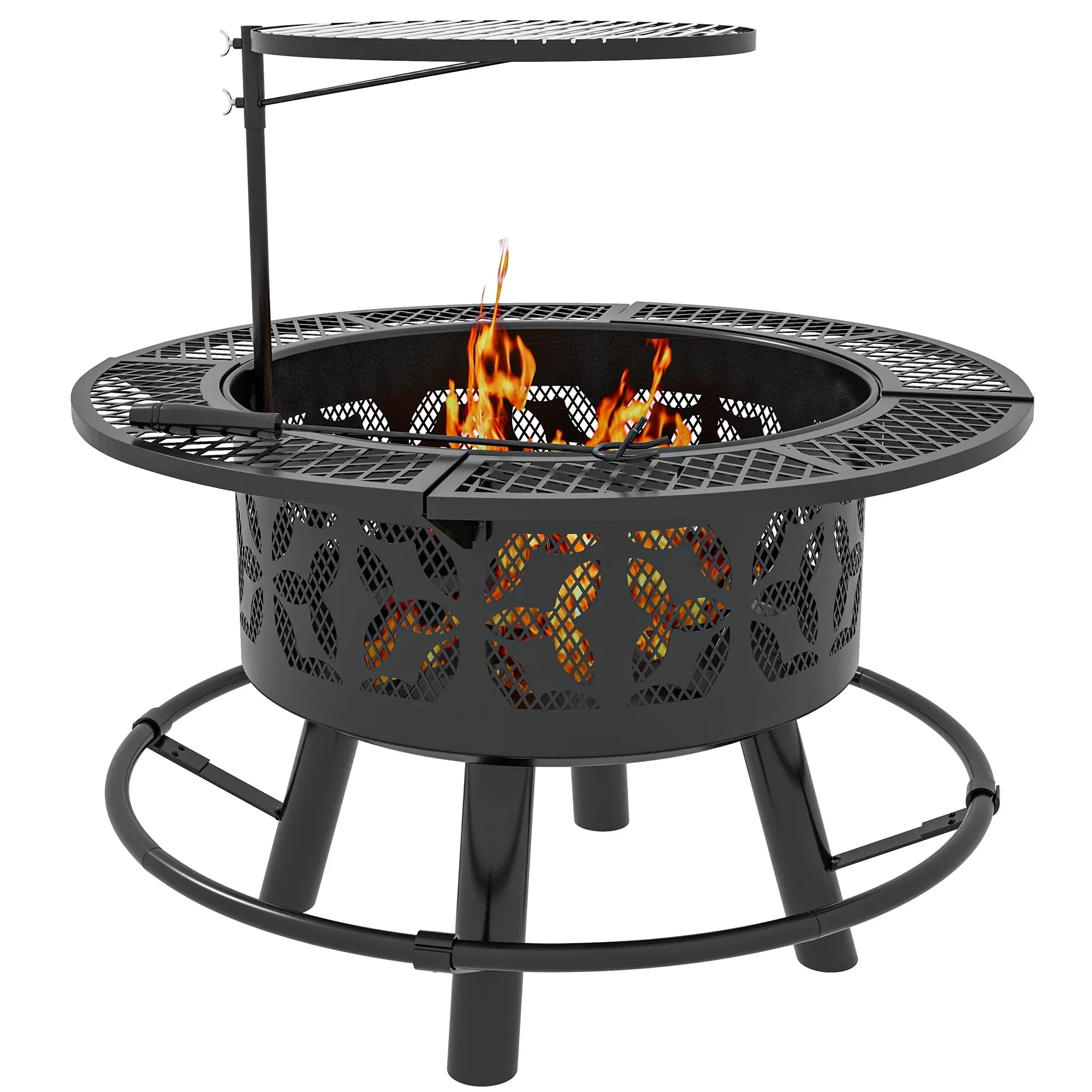 for Burning Cooking Outdoor with Round, Poker, 33" Grill Black Backyard, Grate BBQ Picnic, Fire and Wood Adjustable Capri Firepit Pit Patio,
