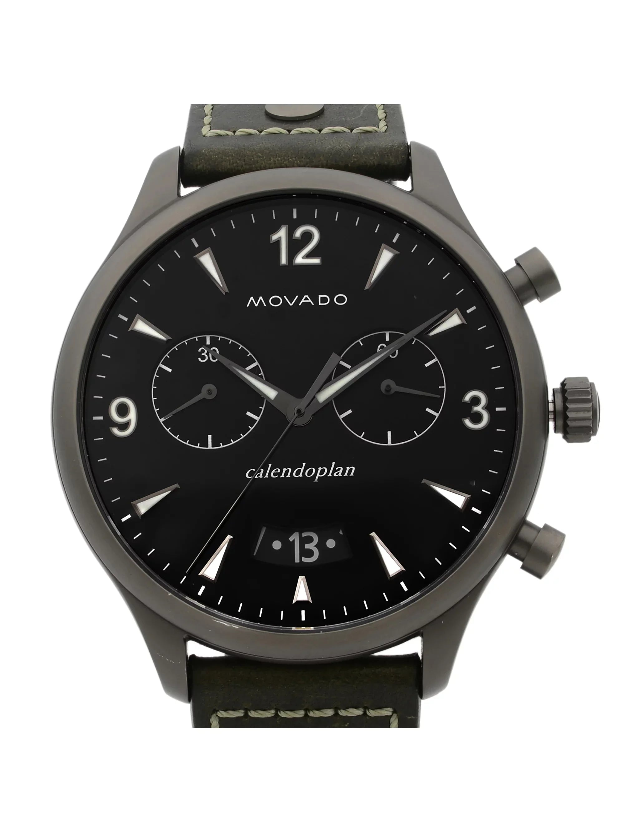 Pre-Owned Watch Heritage Movado Leather Quartz Black 3650029 Gunmetal Steel Dial Green