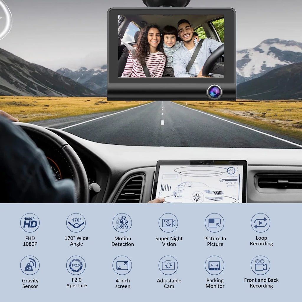 Cheefull Loop Vision 4 Wide Night Camera Backup Angle Angle Cameras Cam 3 Recording Car Dash Recorder Wide Inch Driving