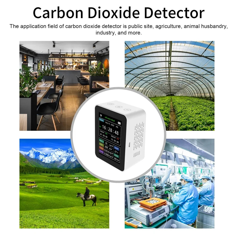 Alarm Date Quality Carevas Mobilephone Air Detector Display 1 TVOC CO2 Viewing Quality Home Week Sets Moni Remotes Desktop Humidity Detector PM2.5 Indoor Time HCHO 2 Intelligent WiFi 6 Air In APP