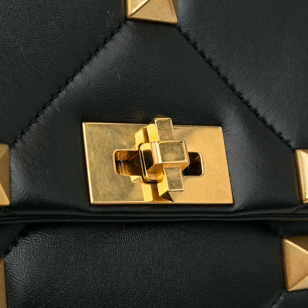 Medium Calf Stud Pre-Owned Satchel Unisex (Good) Black Authenticated Roman Valentino Leather