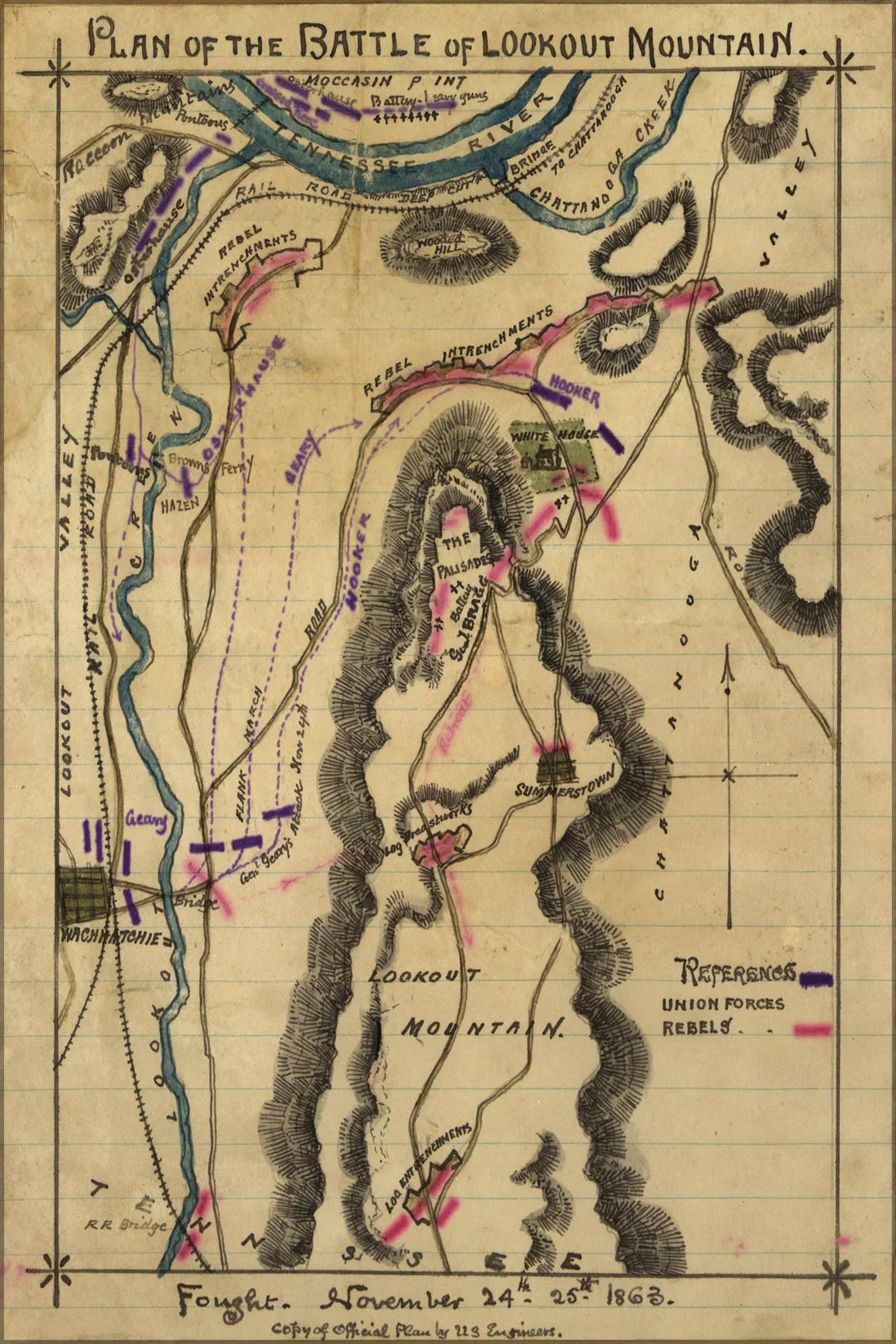 Battle Mountain Poster, tennessee map 1863 of Lookout Gallery 24"x36"