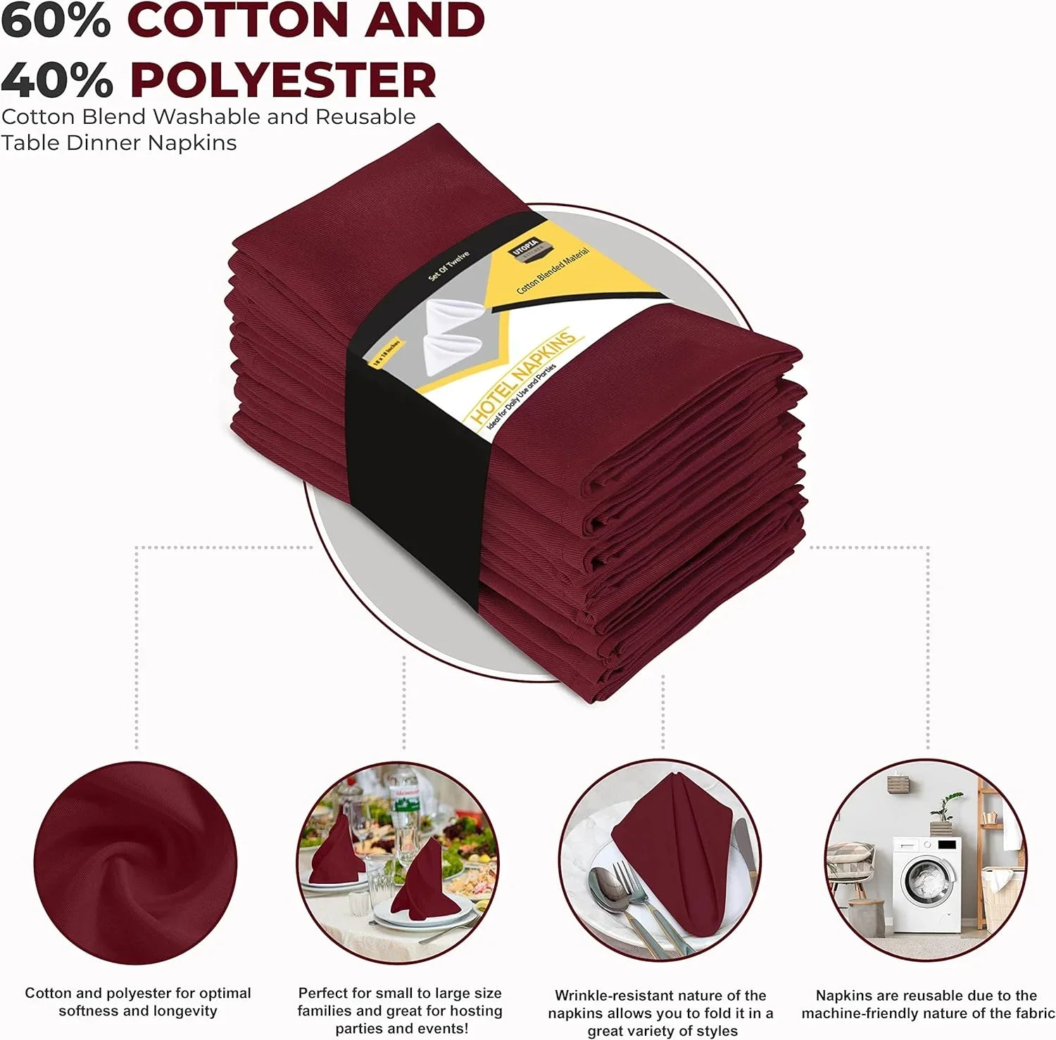 Pack, Burgundy Cotton Napkins Washable Event Restaurant, and Parties Cloth Hotel, 18x18 Reusable Weddings, and 18x18 for Blend Inch Table Kitchen Burgundy Dinner Lunch, [12 Napkins Utopia Inch]