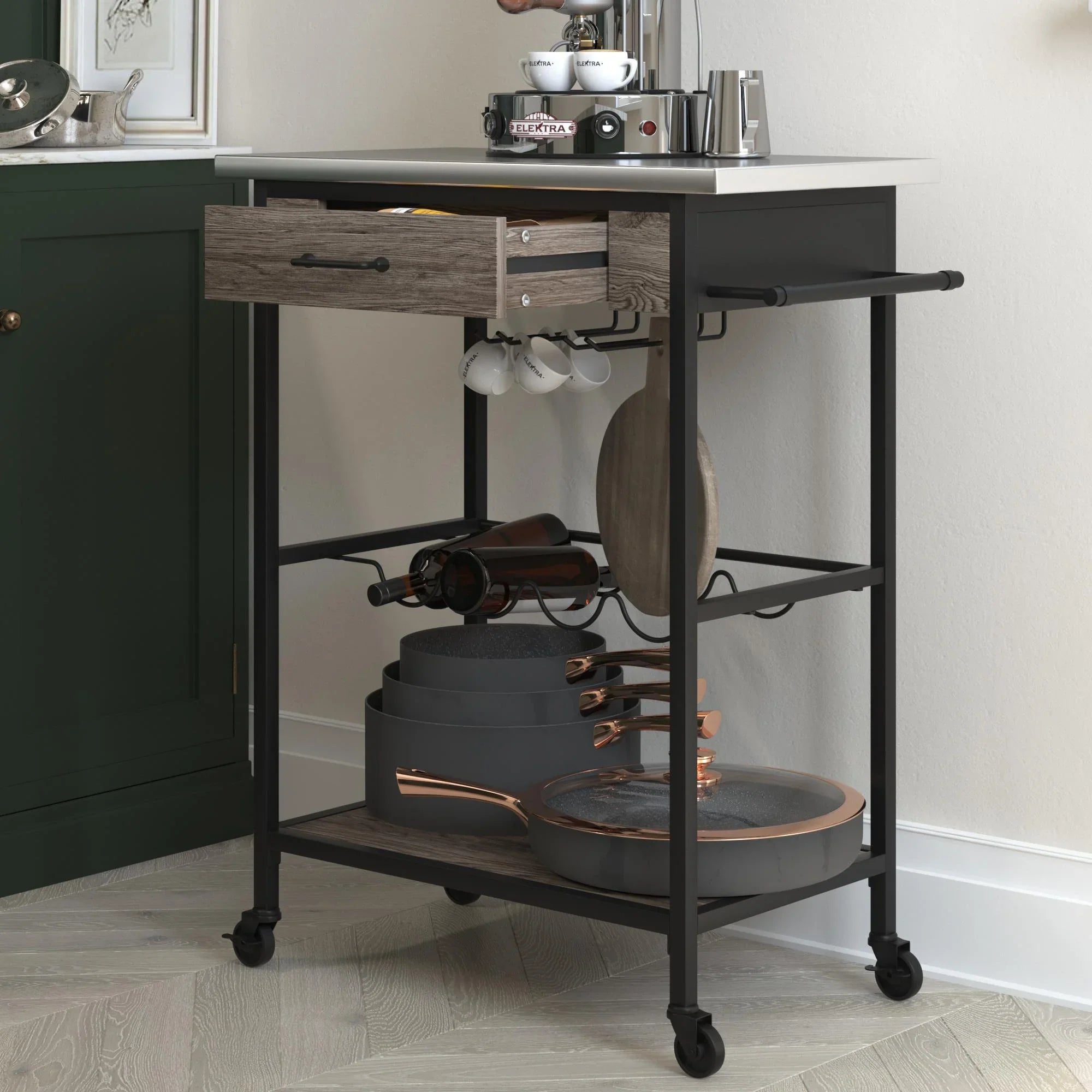 Black Multifunctional Storage, Kitchen Rack Metal, Steel Cart, Stainless and Nora Novogratz and Brown Wine Pantry
