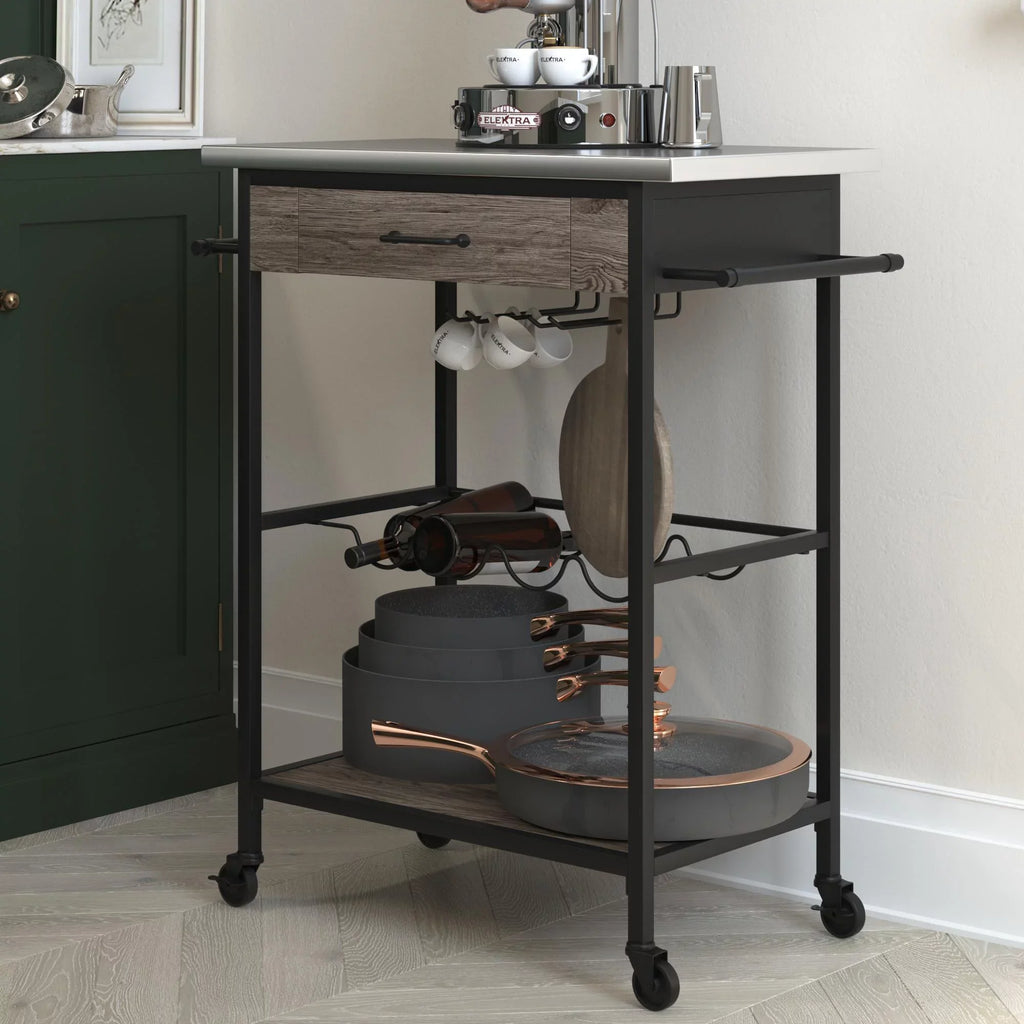 Black Multifunctional Storage, Kitchen Rack Metal, Steel Cart, Stainless and Nora Novogratz and Brown Wine Pantry