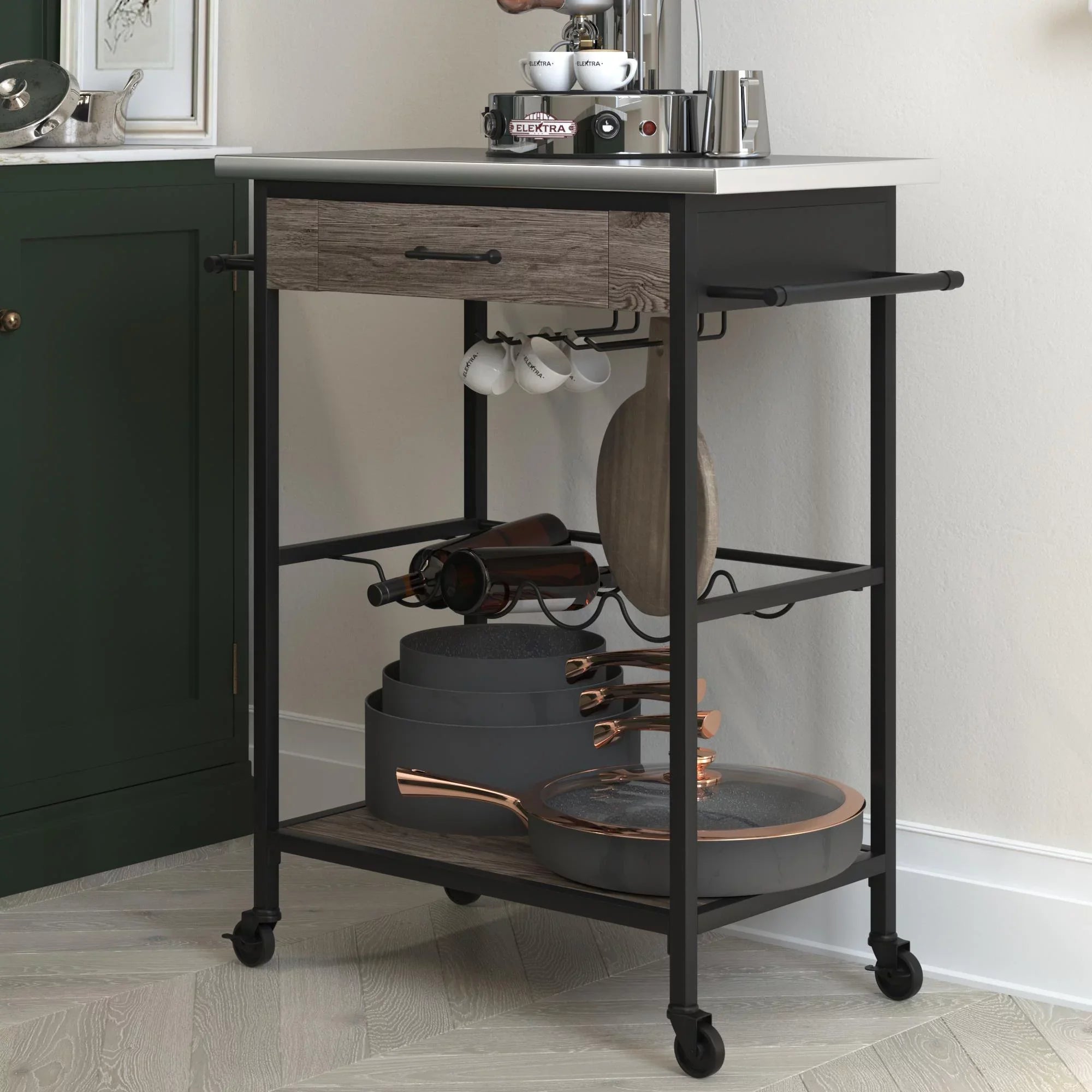 Black Multifunctional Storage, Kitchen Rack Metal, Steel Cart, Stainless and Nora Novogratz and Brown Wine Pantry