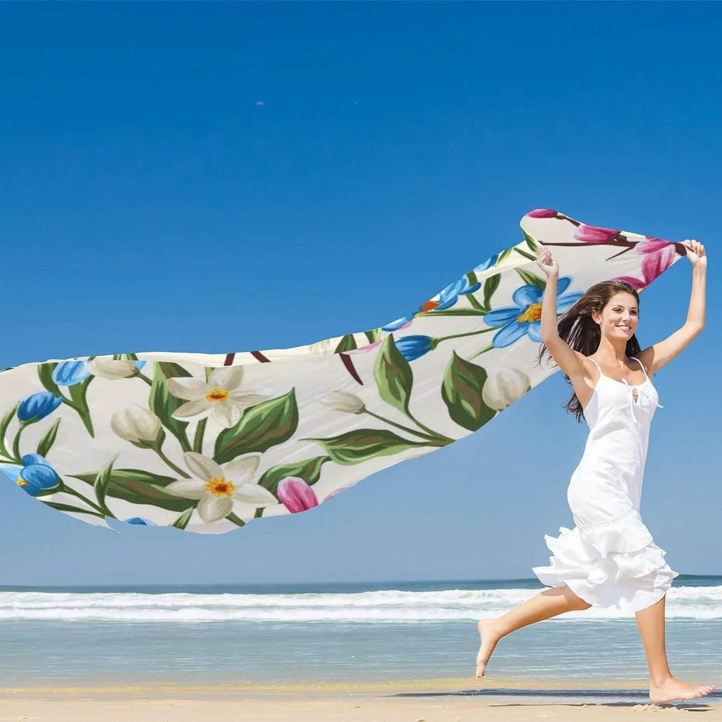 Scarf Women Lightweight Pink Scarves for Silk Beige Girls Long Shawl Wrap Blue Flowers and Hyjoy Spring Floral Neck