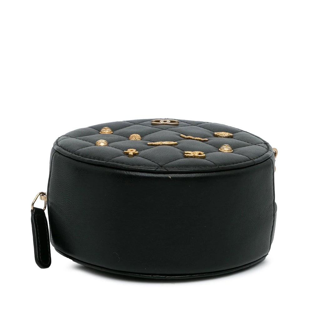 Bag Unisex Pre-Owned Leather Charms Lucky (Good) Chanel Lambskin Round Authenticated Black Crossbody