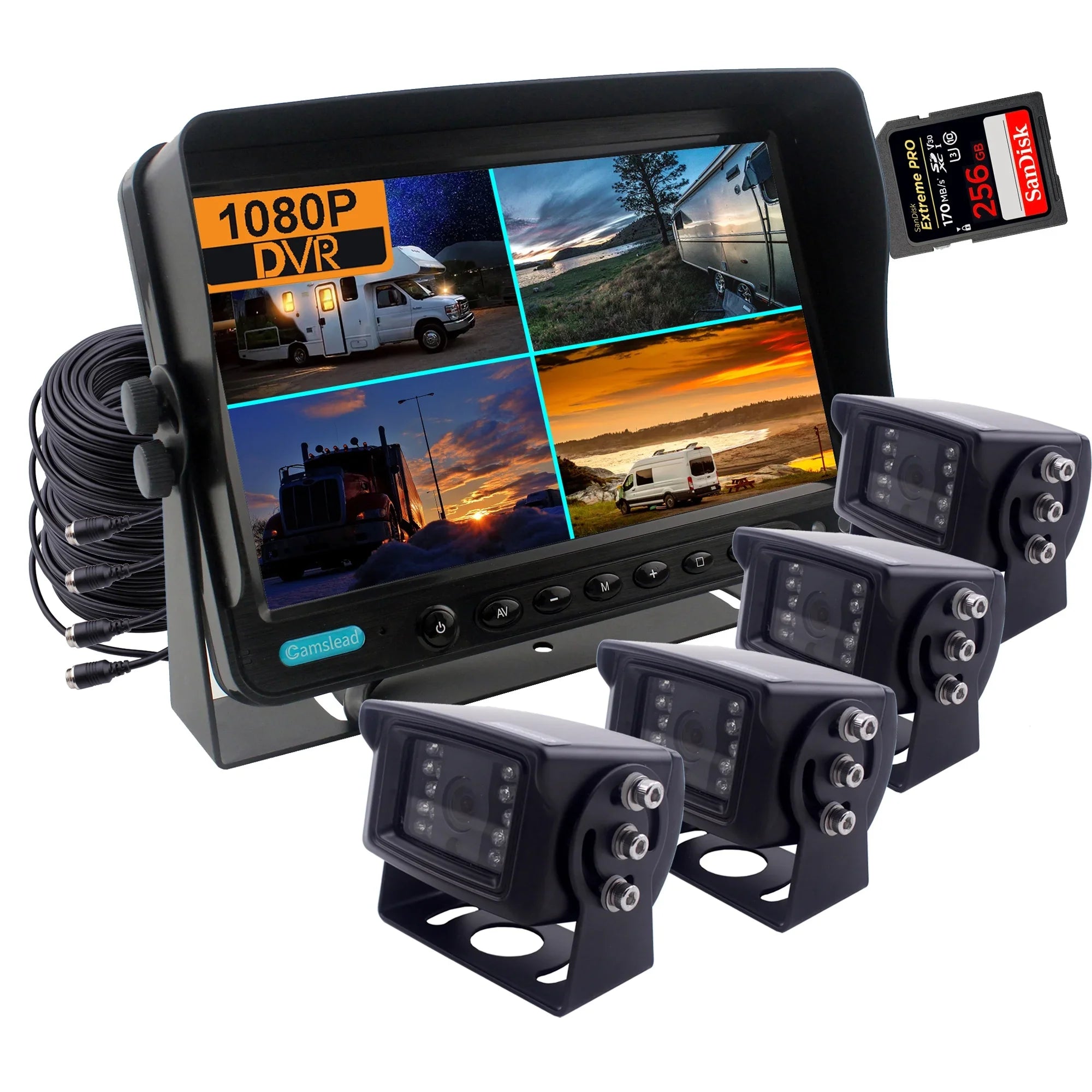 Camera Support Recorder, 256GB Input, for Trucks, inch View CAMSLEAD 9 Trailers, DVR Monitor Rear motorhomes, Quad Screen, 1080P Card, Backup 4 System, SD RV Camera 1080P Channel Caravans, Split