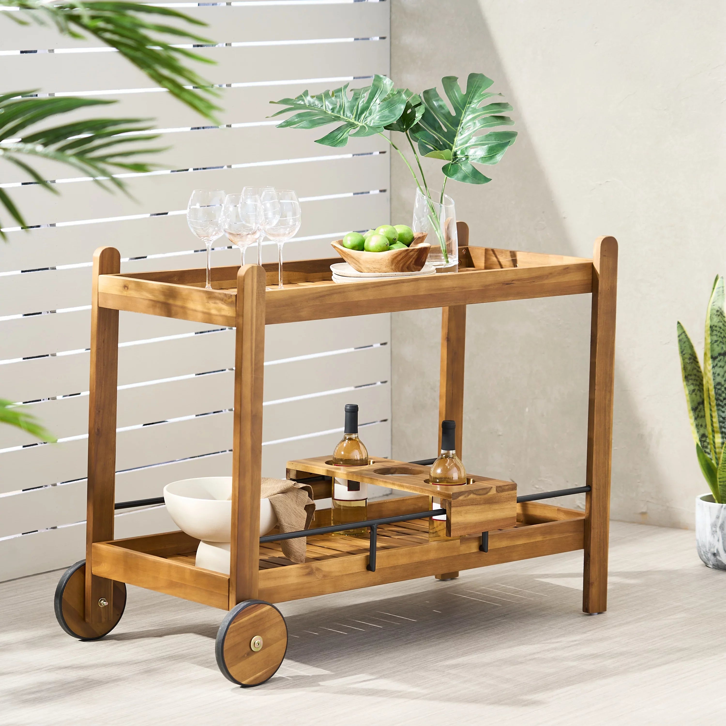 Bonneau 2 Holders, Acacia with Teak GDF Studio and Bottle Wood Bar Outdoor Black Cart Tiered