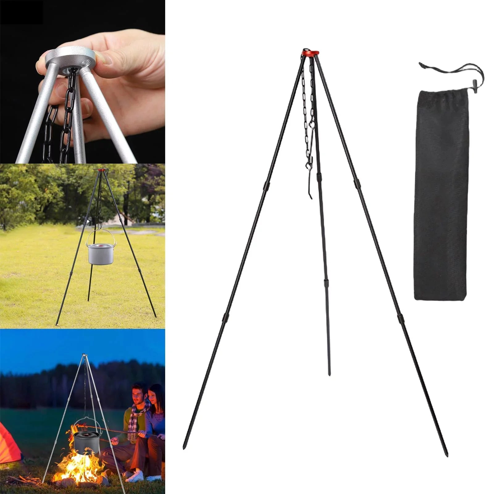 ing Cookware with Outdoor Stand Tripod , Adjustable Portable Cooking Aluminum Campfire Grill Accessory Tripod, Pot Picnic Camping Black