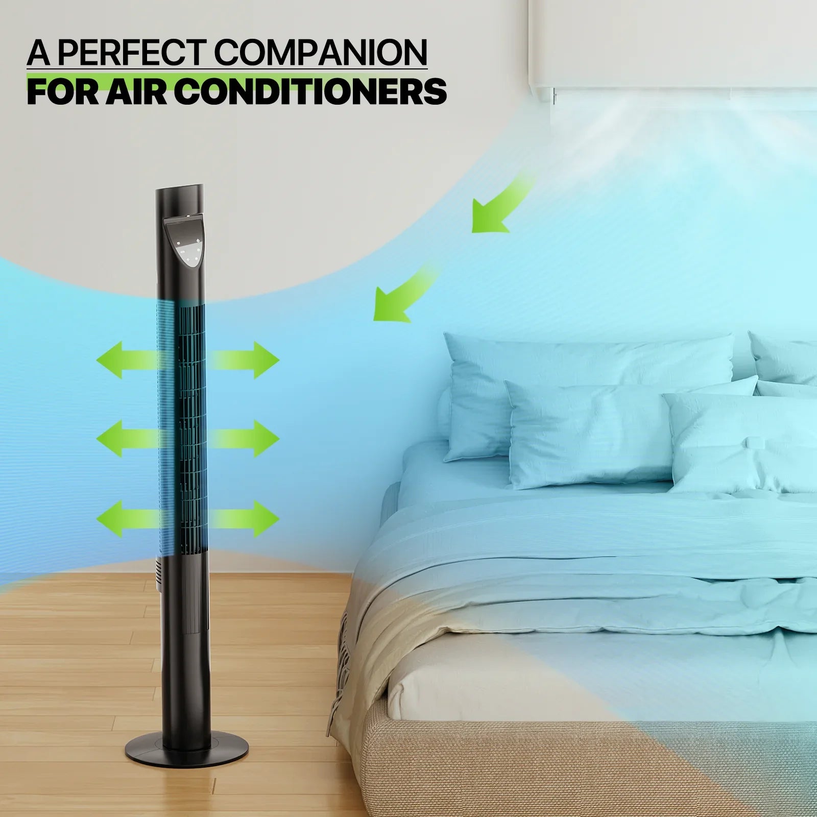Noise LED Bladeless w/Remote 3-Speeds & 47"Oscillating Tower USA Fan Fan Low