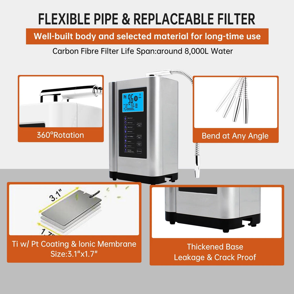 Acid 8000 Ionizer, Water -500mV PH Per to Purifier Alkaline Water Machine,Up Filter,7 Settings,Auto-Cleaning,Intelligent Liters Water Alka 3.5-10.5 ORP, Machine Water Voice(Silver)