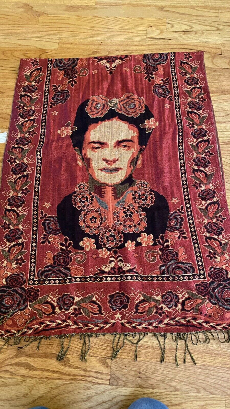 Frida Artist Red Mexican Pashmina Gold Kahlo Wrap Pink Scarf Reversible Shawl