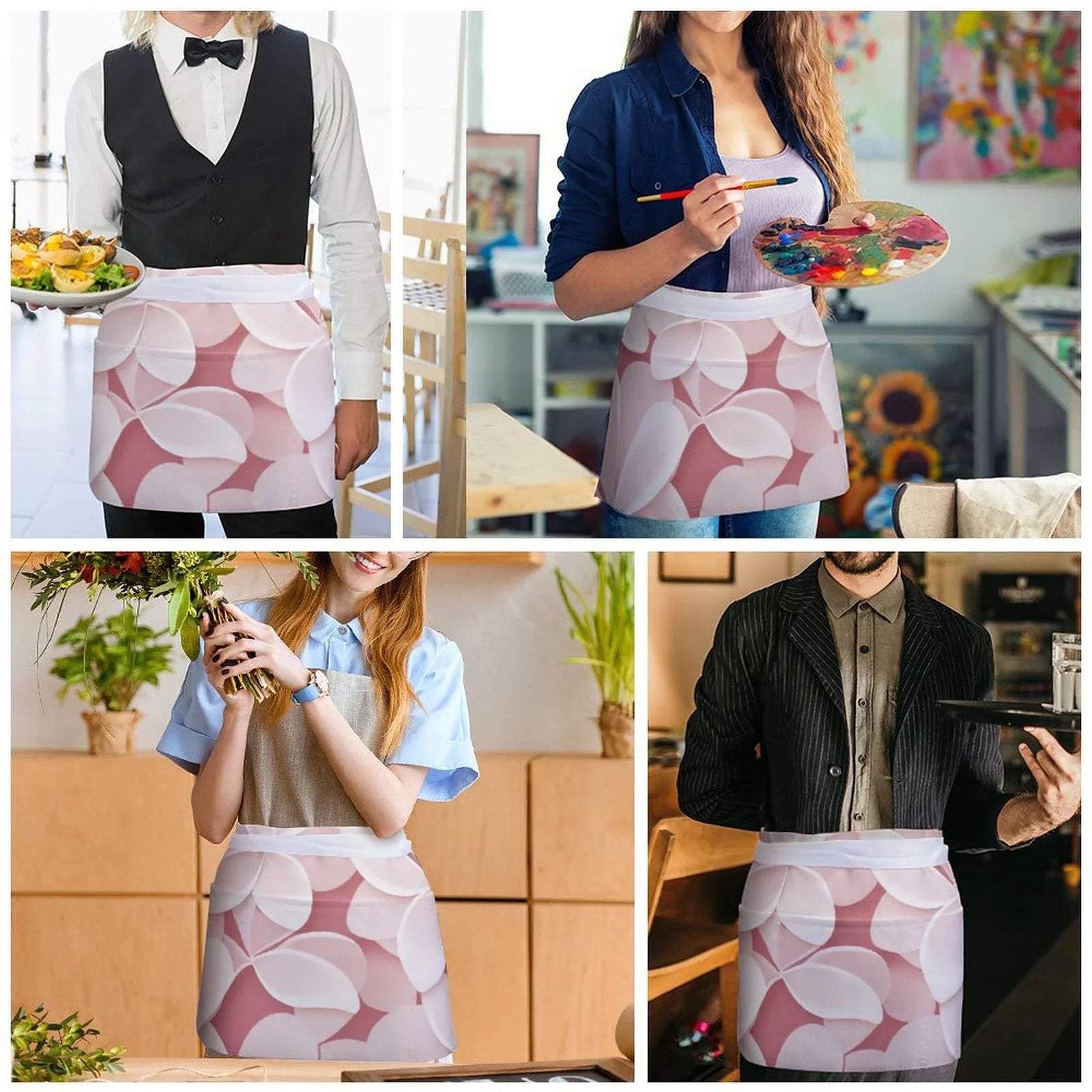 Material Apron Cooking Petal Durable Half Body Polyester Pink and Pocket Women's with Fashionable